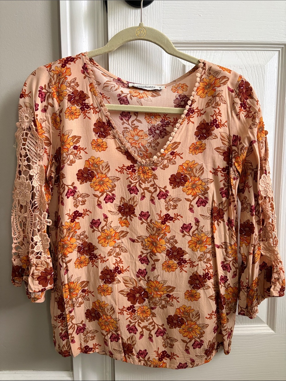 Peach Floral V-Neck Blouse with Crochet Sleeves